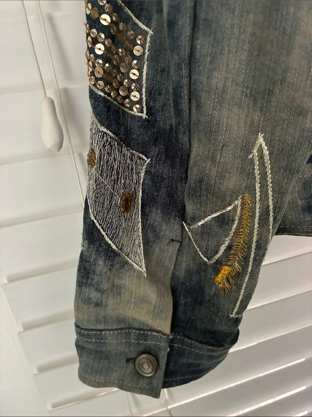 Chico’s SZ 1  Denim Jacket Gold  Jeweled Sequined Embellished Scroll Blue SZ 8